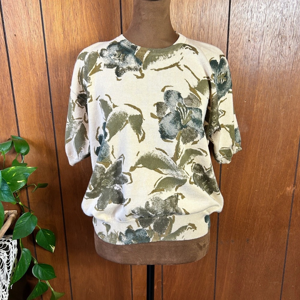 Vintage Jones NY Floral Short Sleeve Sweater Beige Green Women's Cotton